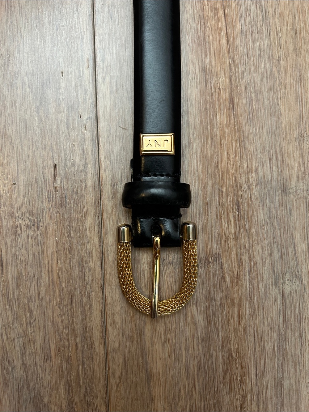 Vtg Jones NY Black Leather Belt with Gold Mesh Buckle size M
